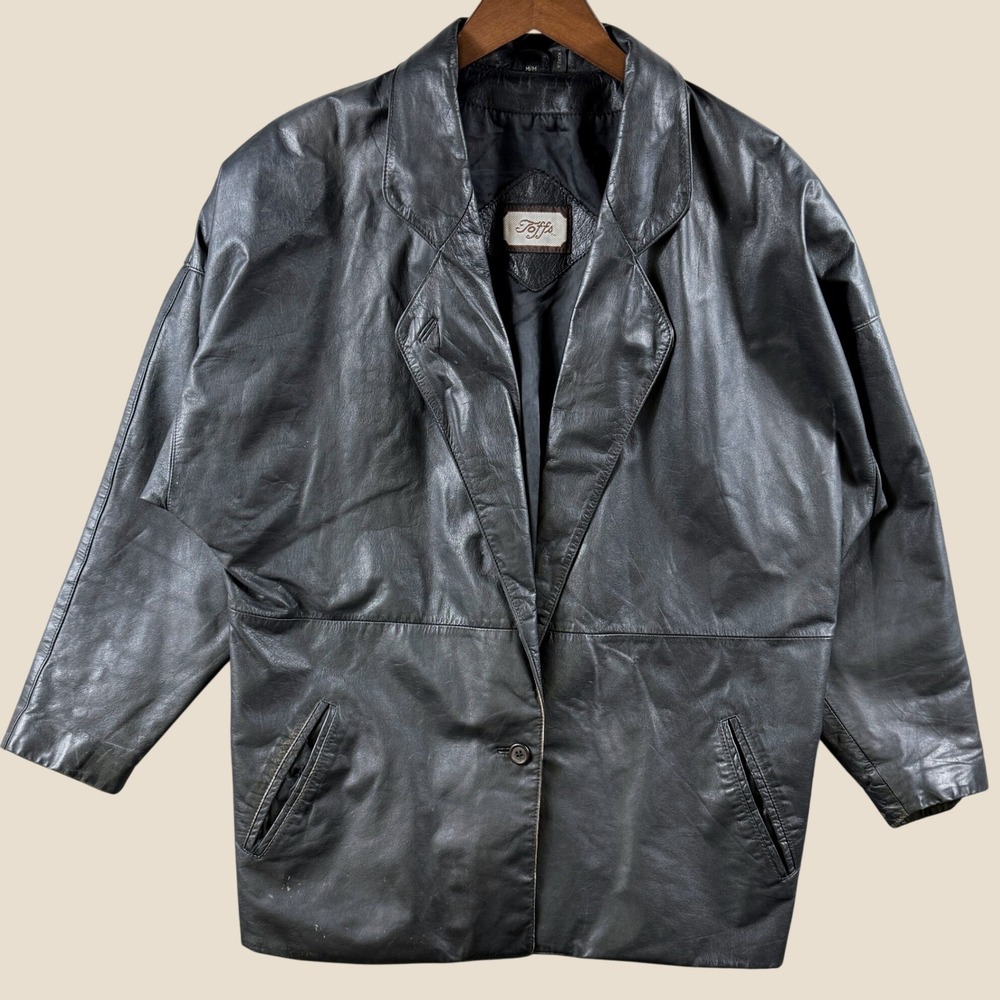 Vintage Toffs Leather Jacket Womens M Black Oversized 80s Retro Blazer Coat